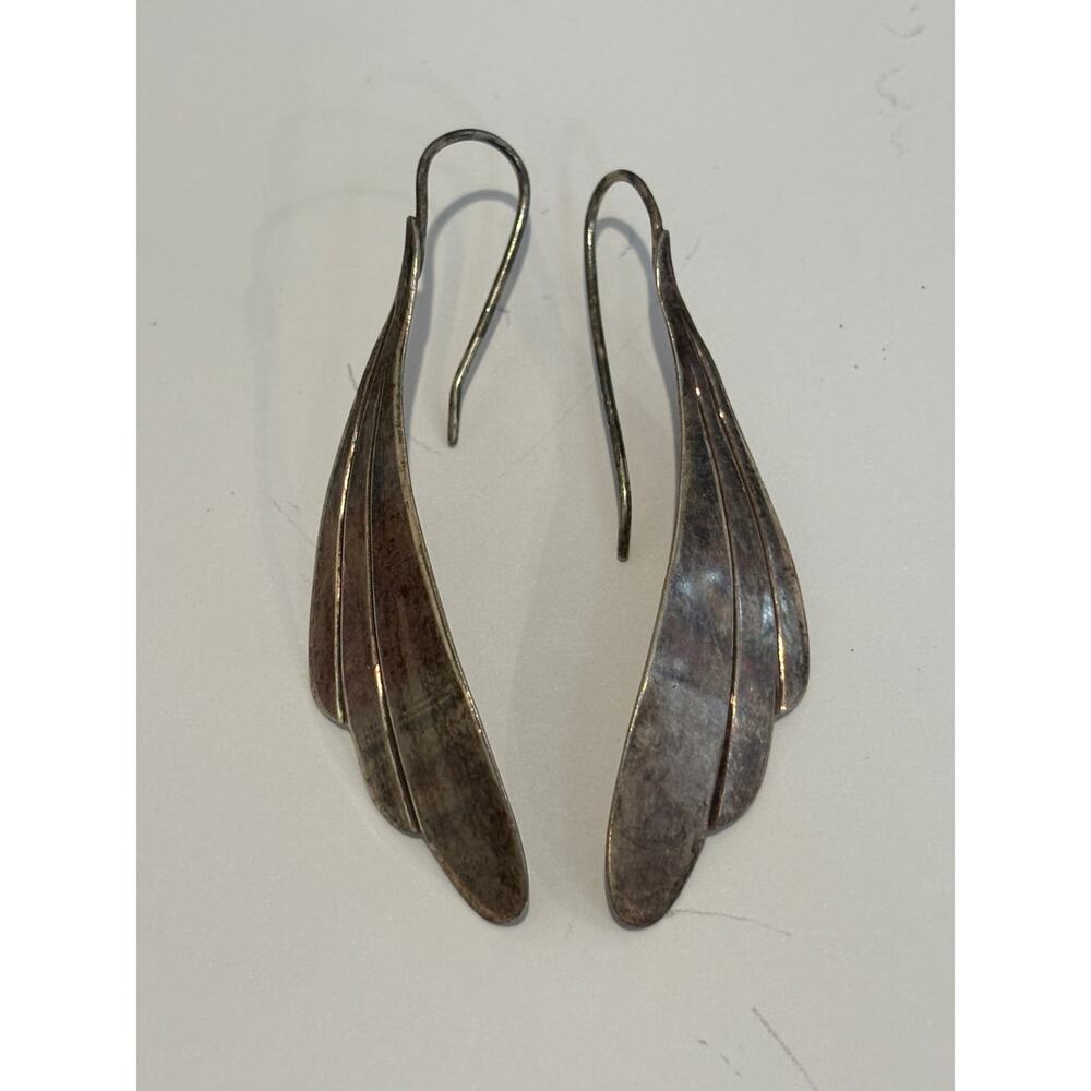Sterling Silver Large Dangle Earrings Feather / Leaf Southwestern Style